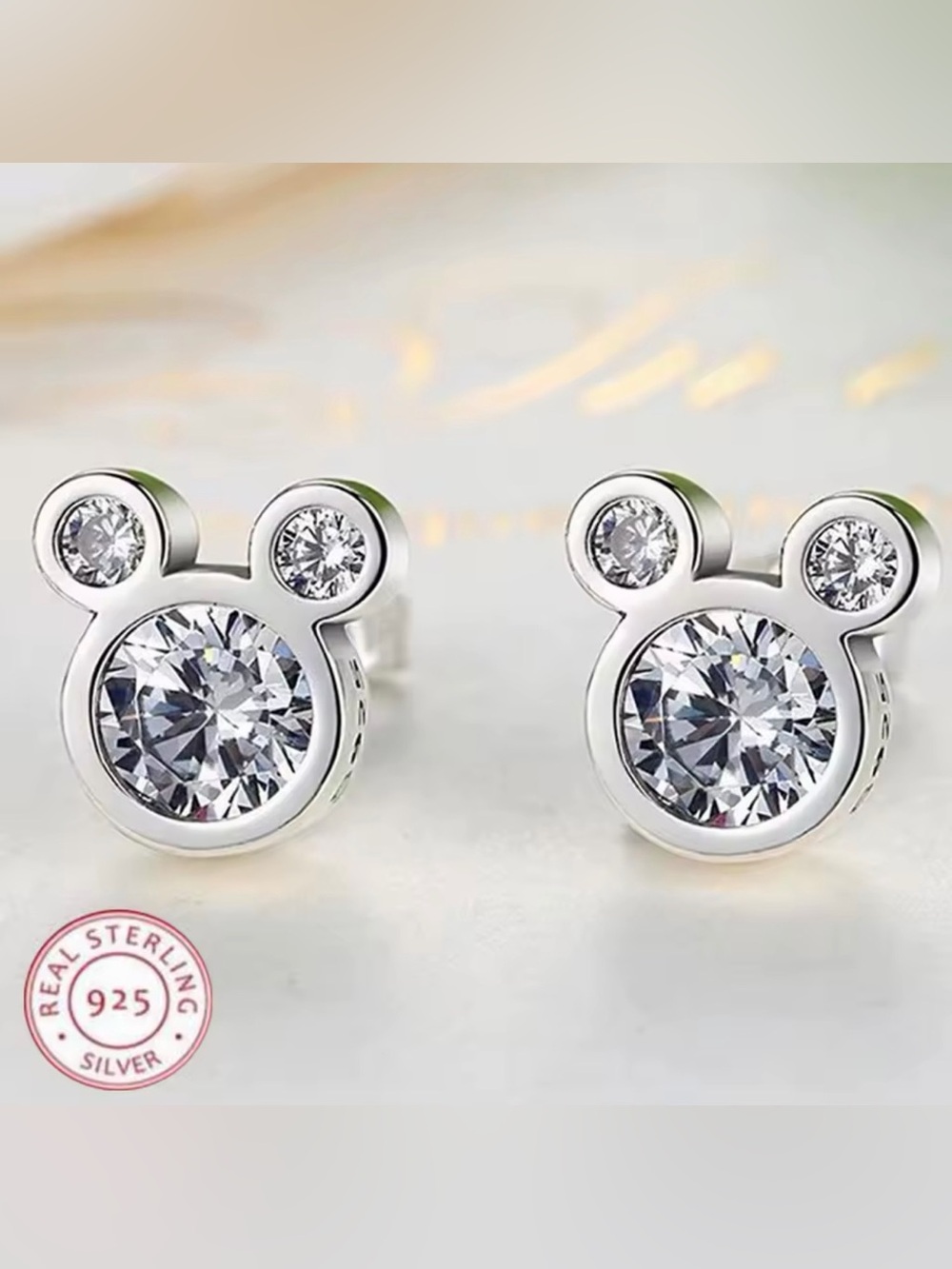 Silver Mickey-Style Cubic Zirconia Stud Earrings - White